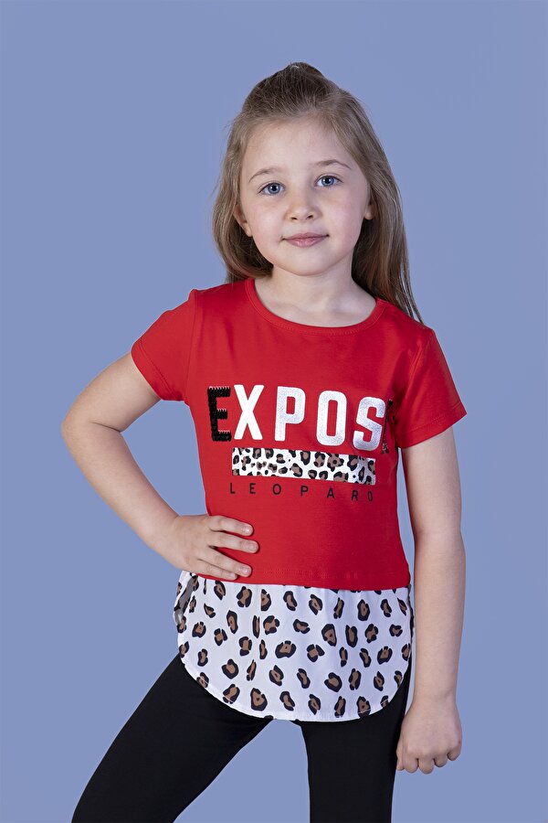 Toontoy Kız Çocuk Leopar Desenli Poplin Detaylı Tişört