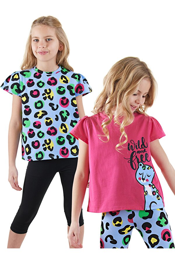 Kız Çocuk Siyah Leopar 2 li T-shirt Takım