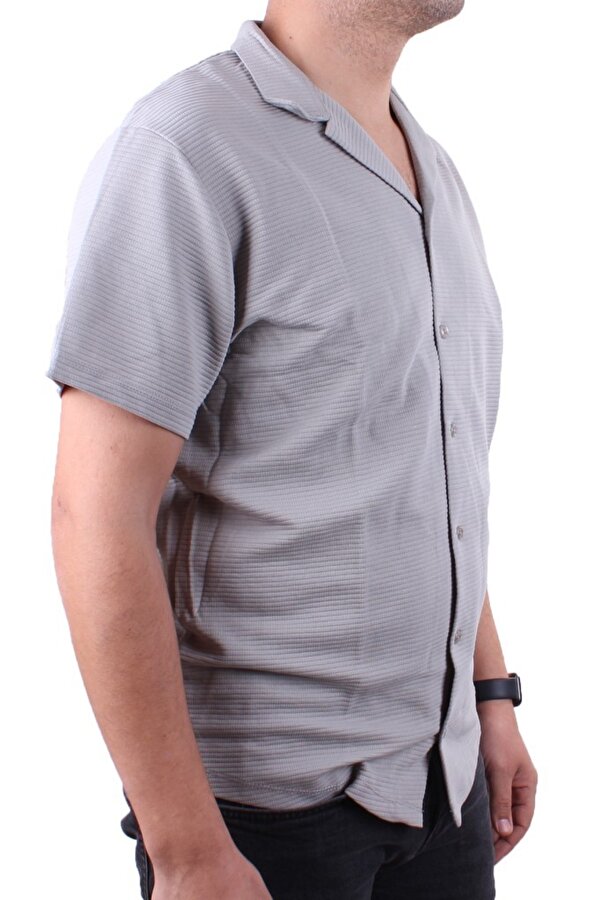 DMG23-199598 Gri Ottoman Örme Apaj Yaka Oversize Kalıp Kısa Kol Erkek Gömlek