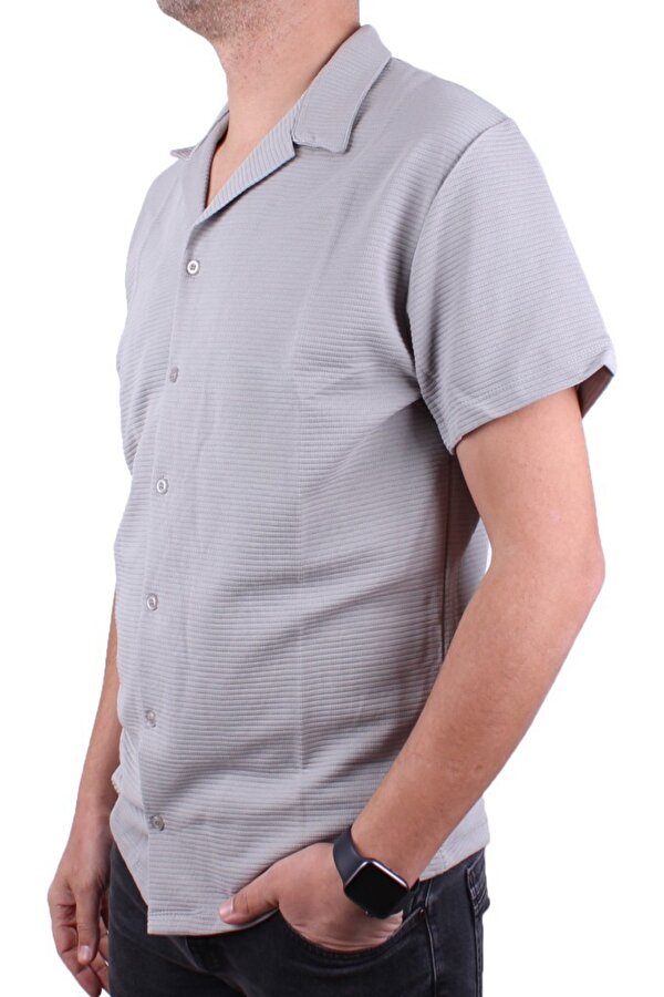 DMG23-199598 Gri Ottoman Örme Apaj Yaka Oversize Kalıp Kısa Kol Erkek Gömlek