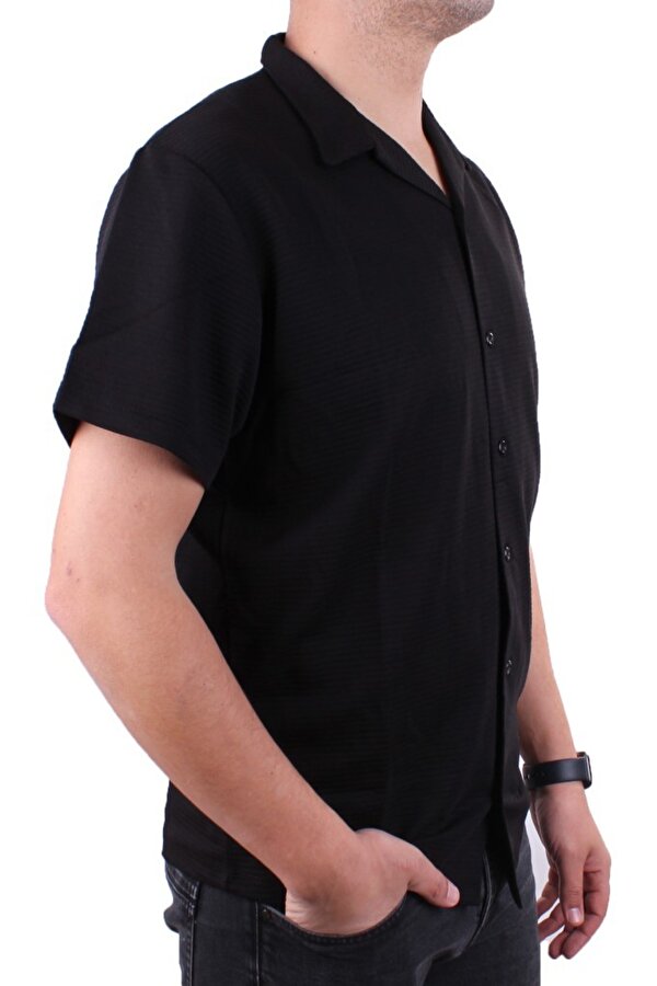 DMG23-199598 Siyah Ottoman Örme Apaj Yaka Oversize Kalıp Kısa Kol Erkek Gömlek