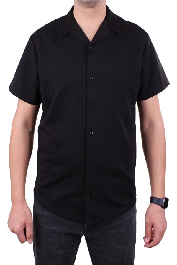 DMG23-199598 Siyah Ottoman Örme Apaj Yaka Oversize Kalıp Kısa Kol Erkek Gömlek
