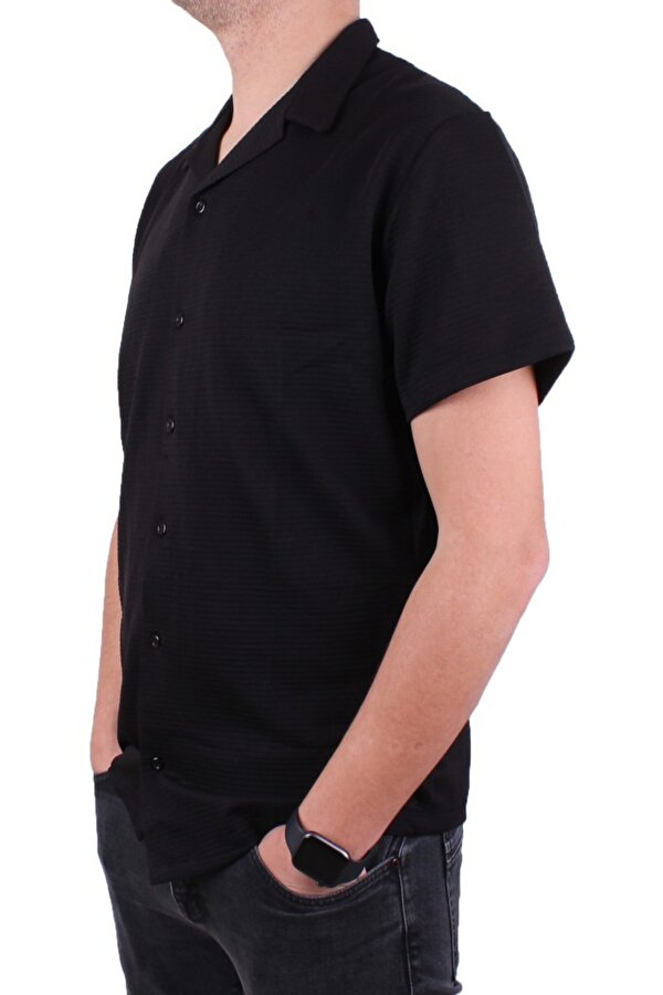 DMG23-199598 Siyah Ottoman Örme Apaj Yaka Oversize Kalıp Kısa Kol Erkek Gömlek