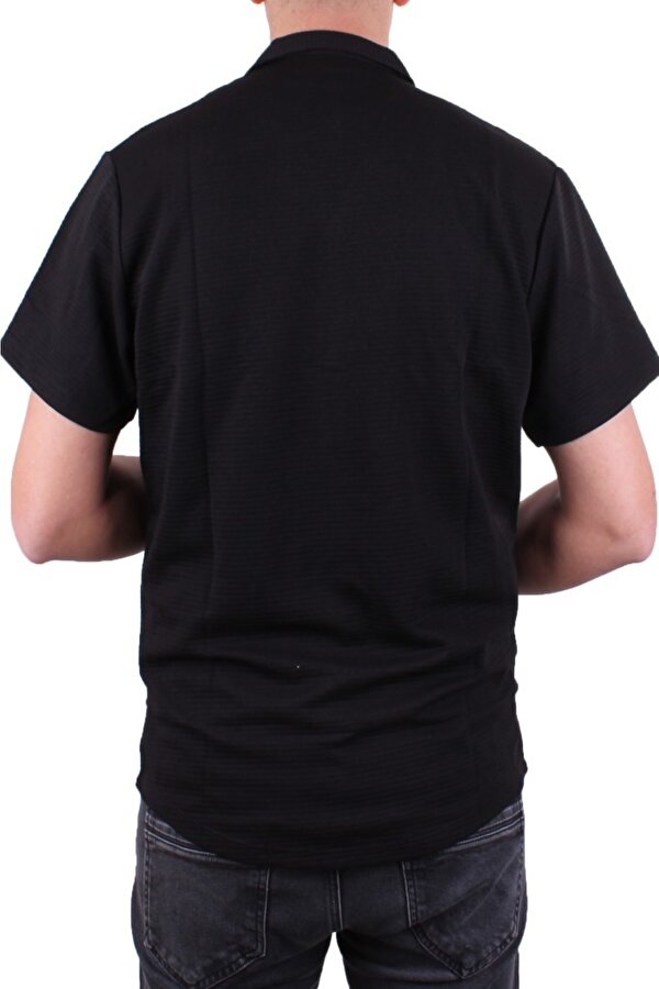 DMG23-199598 Siyah Ottoman Örme Apaj Yaka Oversize Kalıp Kısa Kol Erkek Gömlek