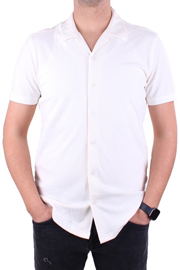 DMG23-118381 Beyaz Örme Apaj Yaka Dar Kalıp Kısa Kol Erkek Gömlek