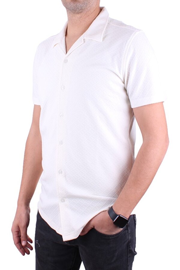 DMG23-118381 Beyaz Örme Apaj Yaka Dar Kalıp Kısa Kol Erkek Gömlek