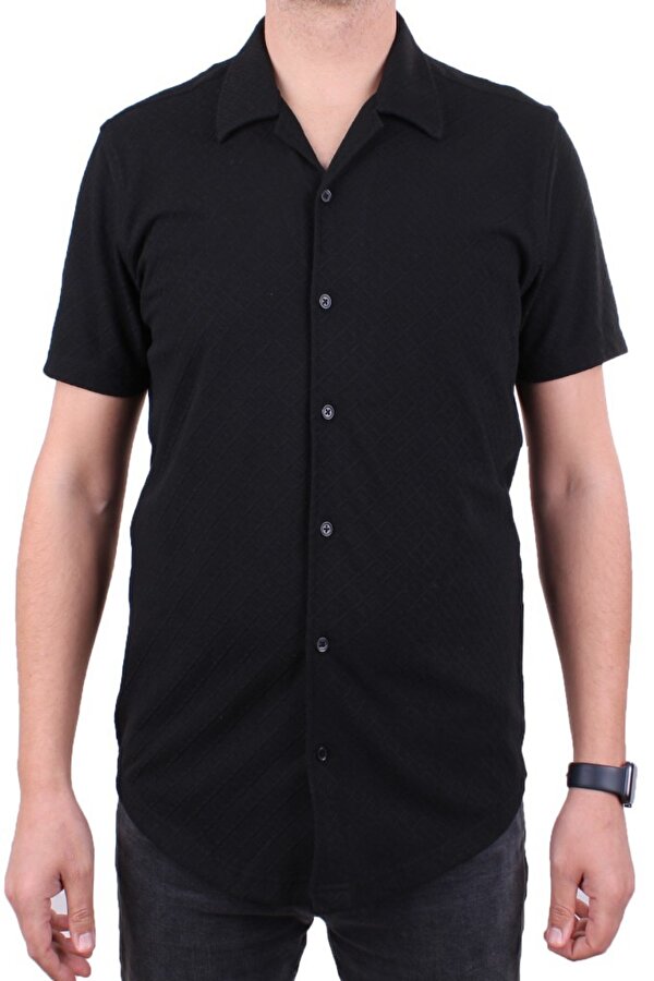 DMG23-118381 Siyah Örme Apaj Yaka Dar Kalıp Kısa Kol Erkek Gömlek