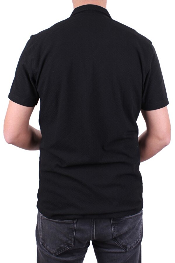 DMG23-118381 Siyah Örme Apaj Yaka Dar Kalıp Kısa Kol Erkek Gömlek