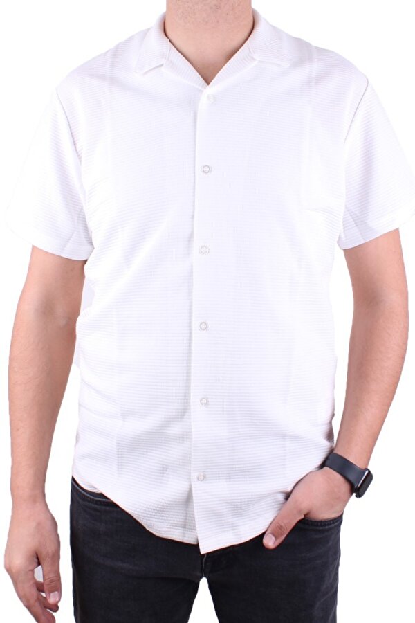 DMG23-199598 Ekru Ottoman Örme Apaj Yaka Oversize Kalıp Kısa Kol Erkek Gömlek