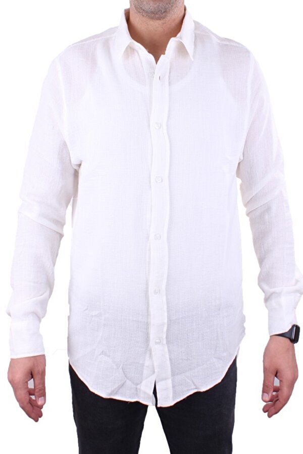 DMG23-128281 Ekru Günlük Normal Kalıp Uzun Kol Erkek Gömlek