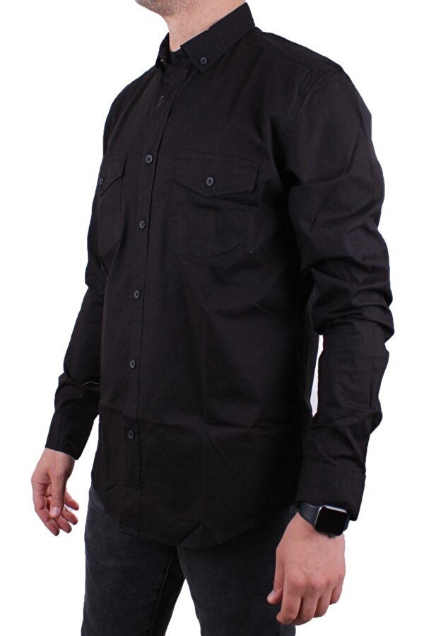 DMG23-118783 Siyah Poplin Günlük Normal Kalıp Uzun Kol Erkek Gömlek