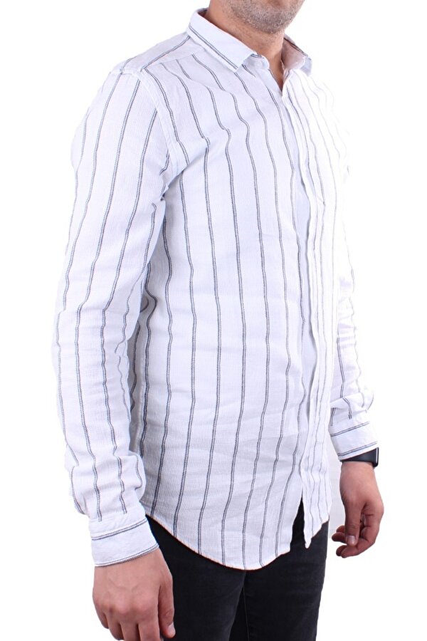 DMG23-114098 Beyaz Lacivert Günlük Hasır Keten Normal Kalıp Uzun Kol Erkek Gömlek