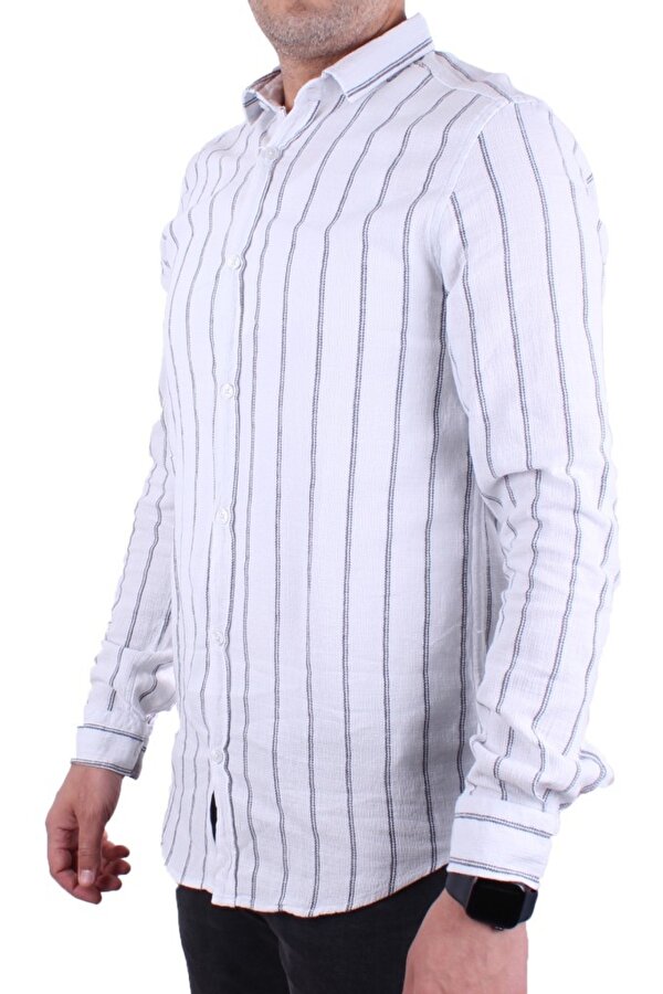 DMG23-114098 Beyaz Lacivert Günlük Hasır Keten Normal Kalıp Uzun Kol Erkek Gömlek