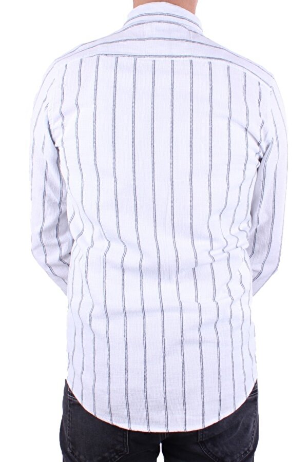 DMG23-114098 Beyaz Lacivert Günlük Hasır Keten Normal Kalıp Uzun Kol Erkek Gömlek