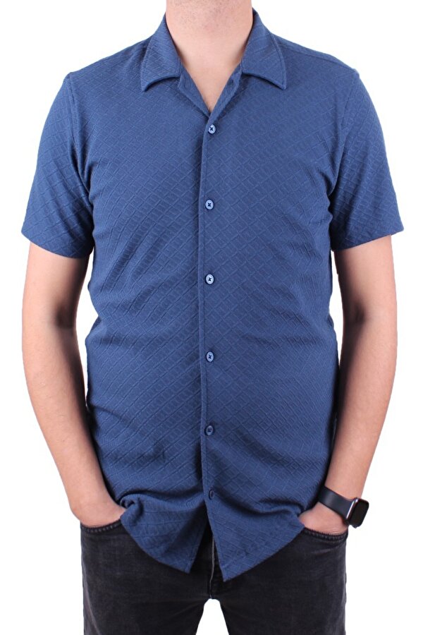 DMG23-118381 İndigo Örme Apaj Yaka Dar Kalıp Kısa Kol Erkek Gömlek
