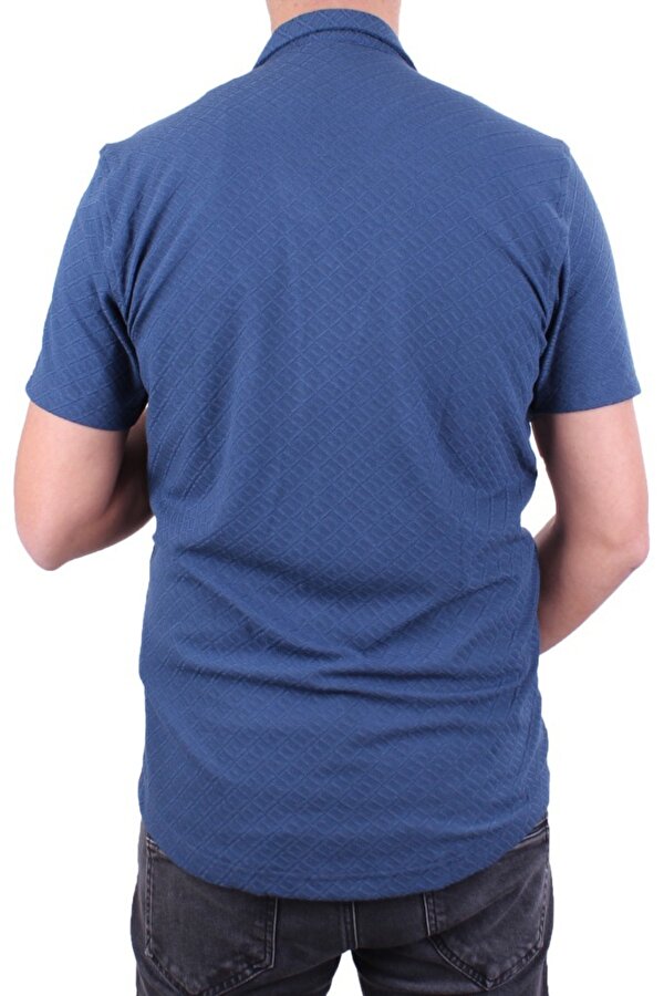 DMG23-118381 İndigo Örme Apaj Yaka Dar Kalıp Kısa Kol Erkek Gömlek