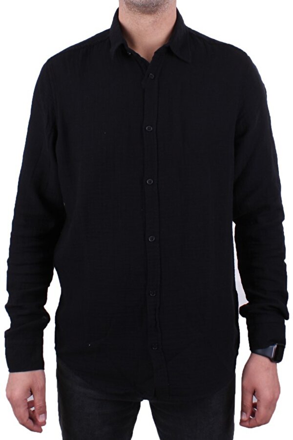DMG23-121362 Siyah Günlük Müslin Normal Kalıp Uzun Kol Erkek Gömlek