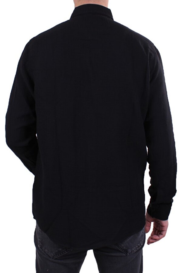 DMG23-121362 Siyah Günlük Müslin Normal Kalıp Uzun Kol Erkek Gömlek