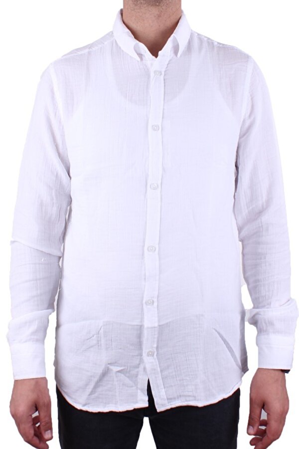 DMG23-121362 Beyaz Günlük Müslin Normal Kalıp Uzun Kol Erkek Gömlek