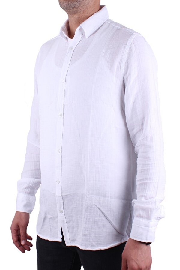 DMG23-121362 Beyaz Günlük Müslin Normal Kalıp Uzun Kol Erkek Gömlek