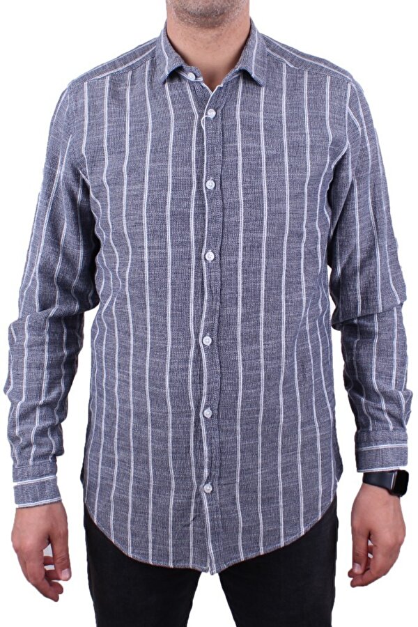 DMG23-114098 Lacivert Beyaz Günlük Hasır Keten Normal Kalıp Uzun Kol Erkek Gömlek