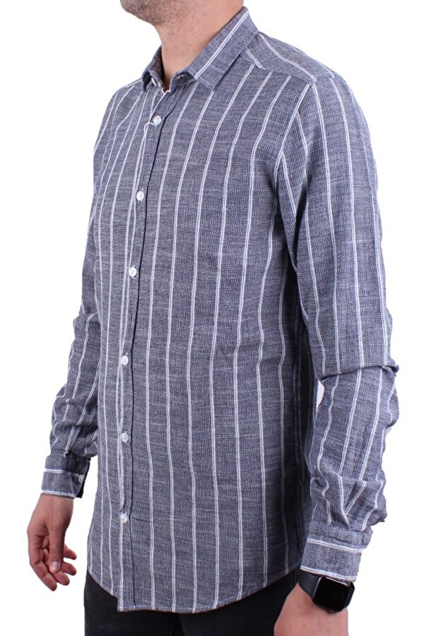 DMG23-114098 Lacivert Beyaz Günlük Hasır Keten Normal Kalıp Uzun Kol Erkek Gömlek