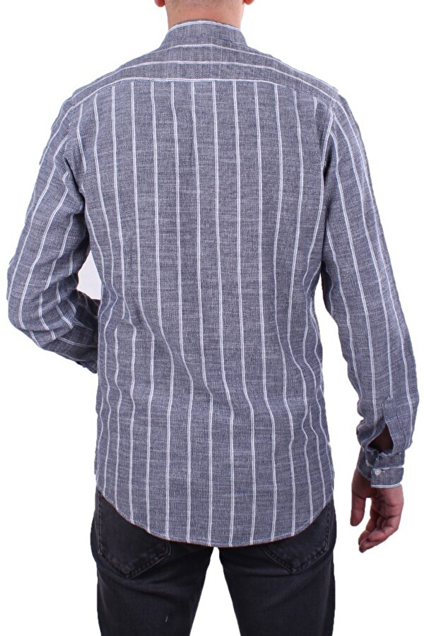 DMG23-114098 Lacivert Beyaz Günlük Hasır Keten Normal Kalıp Uzun Kol Erkek Gömlek