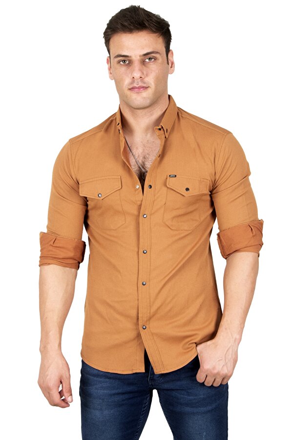 DeepSEA Erkek Kahve Likralı Çıtçıt Düğmeli Cepli Slim Fit Örme Kumaş Kot Gömlek 2300393