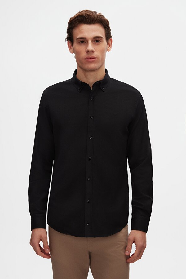 Ds Damat Slim Fit Siyah Oxford Düğmeli Yaka Kolay Ütülenebilir Nakış Detaylı Pamuklu Gömlek