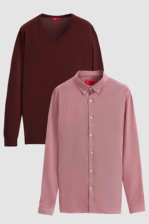 Ds Damat Slim Fit Bordo Pamuk Karışımlı 2 Li V Yaka Triko Ve Gömlek