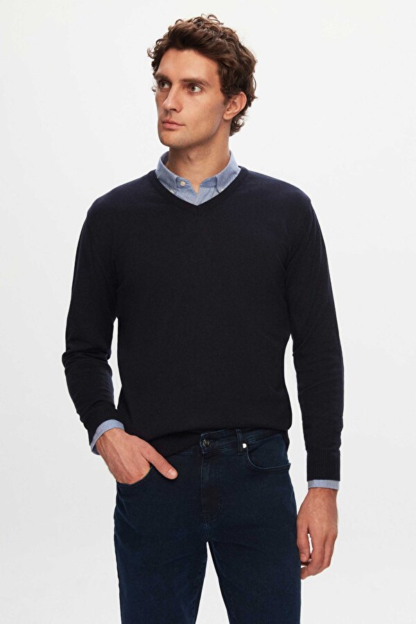 Ds Damat Slim Fit Lacivert Pamuk Karışımlı 2 Li V Yaka Triko Ve Gömlek