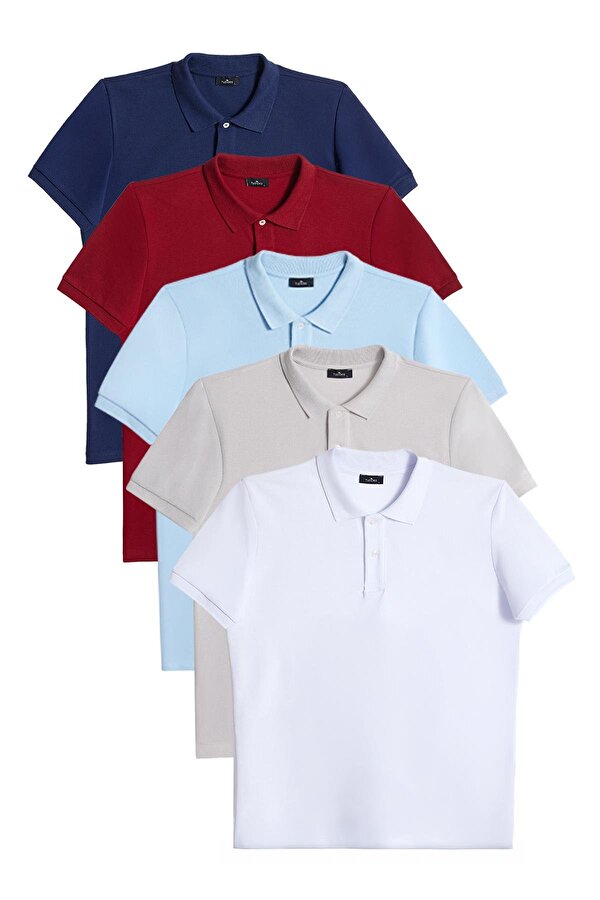 Erkek 5 li Paket Bordo-Gri-Lacivert-Beyaz-Mavi Slim Fit Dar Kesim Pamuklu Düz Pike Polo Yaka Tişört