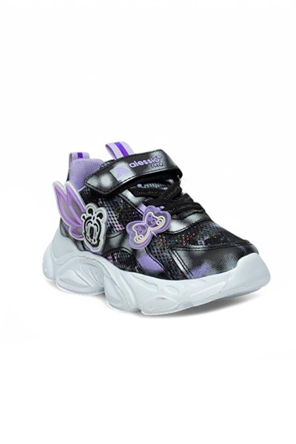 034-25 Simli Kelebek Kız Çocuk Sneaker Lila Siyah Beyaz 26-30