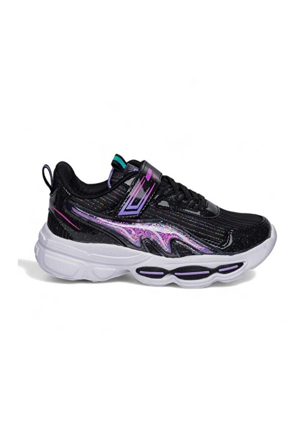 010-25 Simli Maskotlu Kız Çocuk Sneaker Siyah Lila 26-30