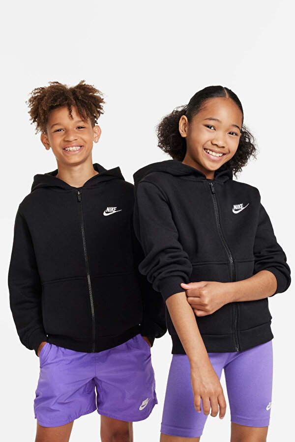 Sportswear Club Flee Siyah Erkek Çocuk Fermuarlı Sweatshirt