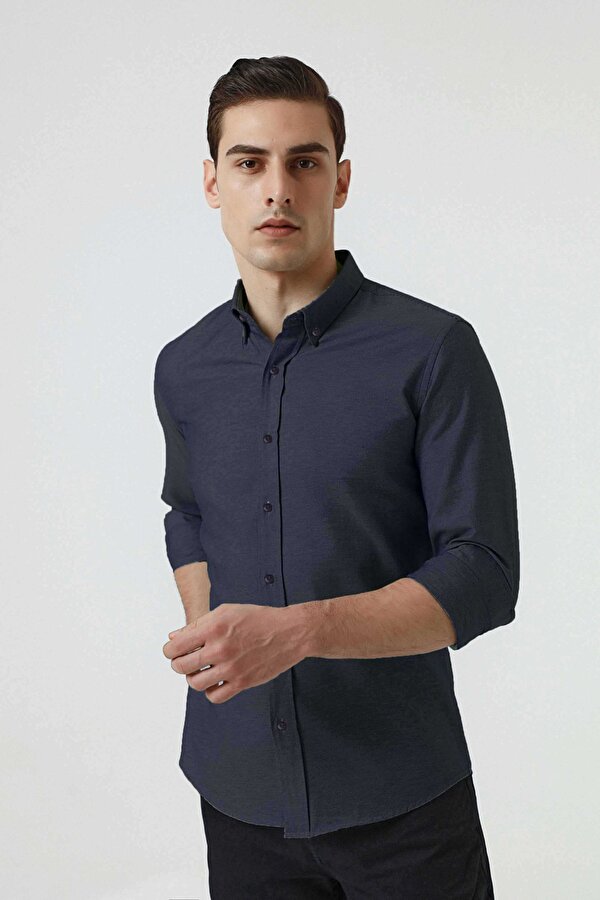 Ds Damat Slim Fit Lacivert Armürlü Düğmeli Yaka Pamuklu Gömlek