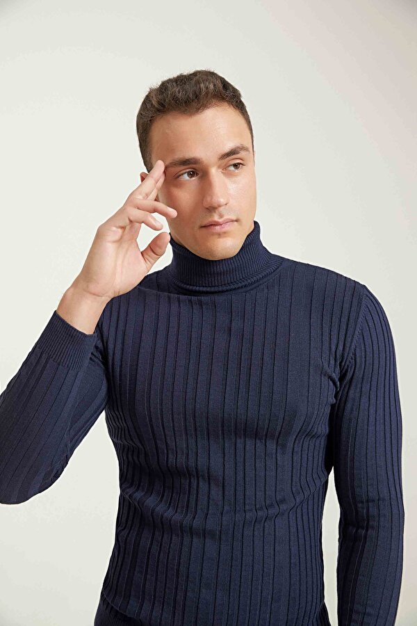 Ds Damat Slim Fit Lacivert Fitilli Pamuk Karışımlı Boğazlı Triko Kazak