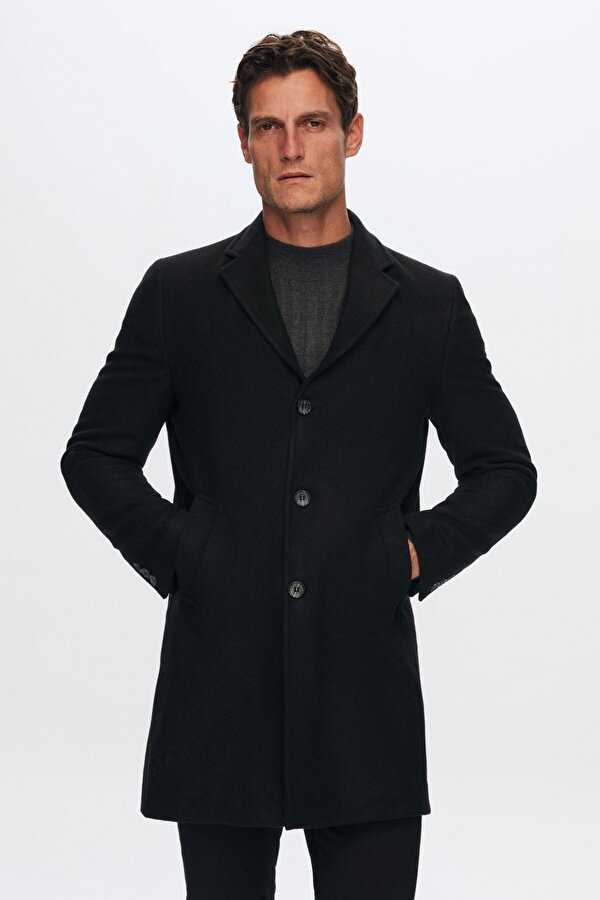 Ds Damat Regular Fit Siyah Mono Yaka Kaşe Kaban