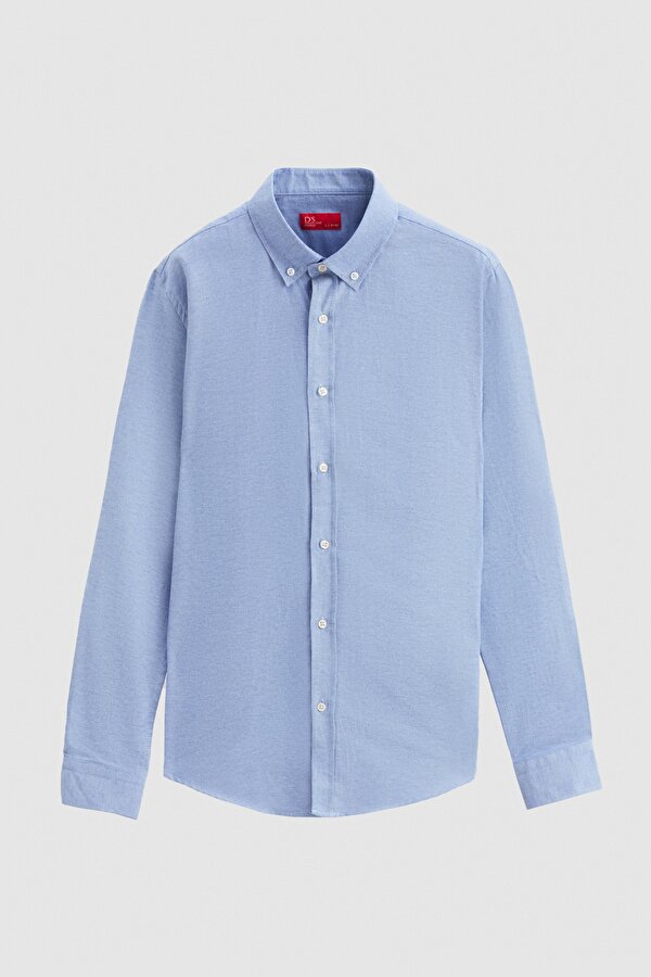 Ds Damat Slim Fit Mavi Armürlü Düğmeli Yaka Pamuklu Gömlek