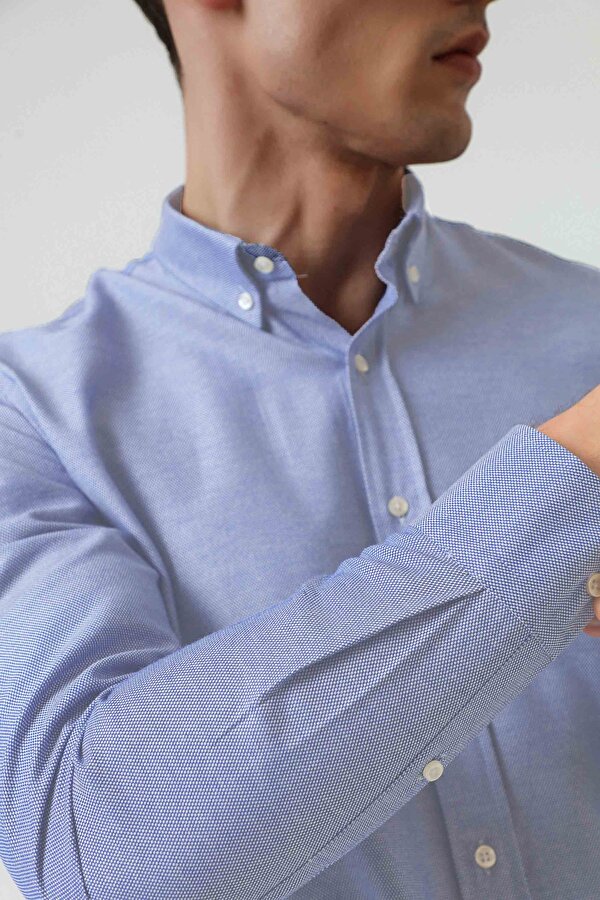 Ds Damat Slim Fit Mavi Armürlü Düğmeli Yaka Pamuklu Gömlek