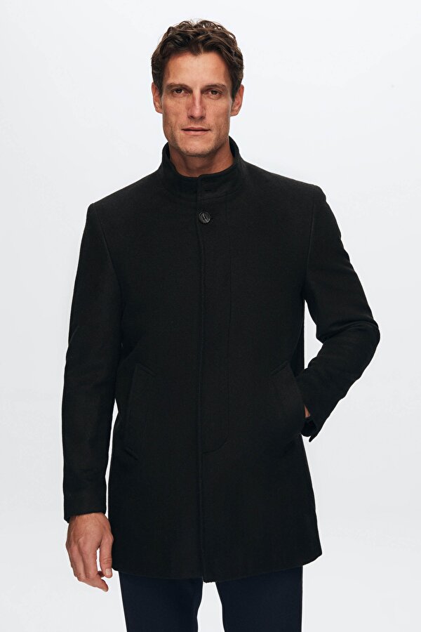 Ds Damat Regular Fit Siyah Hakim Yaka Kaşe Kaban