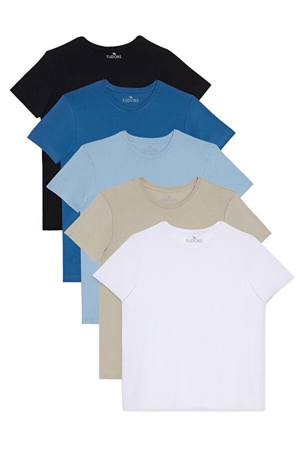 Unisex 5 li Paket Siyah-Taş-Mavi-Açık Mavi-Beyaz Slim Fit Dar Kesim %100 Pamuk Bisiklet Yaka Tişört