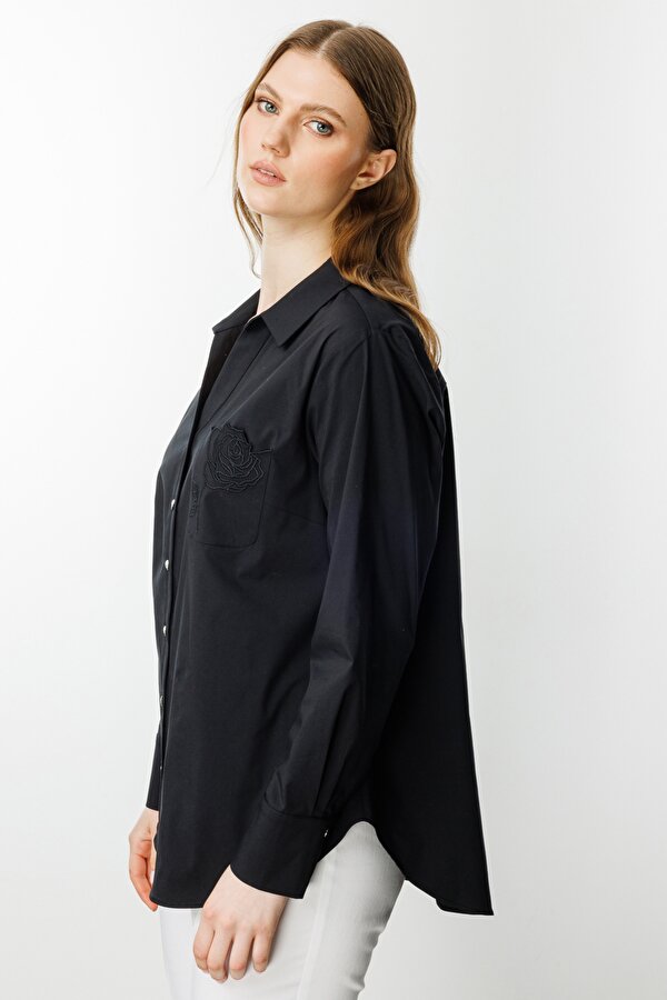 Polo Yaka Gül Nakışlı Cepli Kadın Gömlek 25Y.EKL.BLZ.03504.1