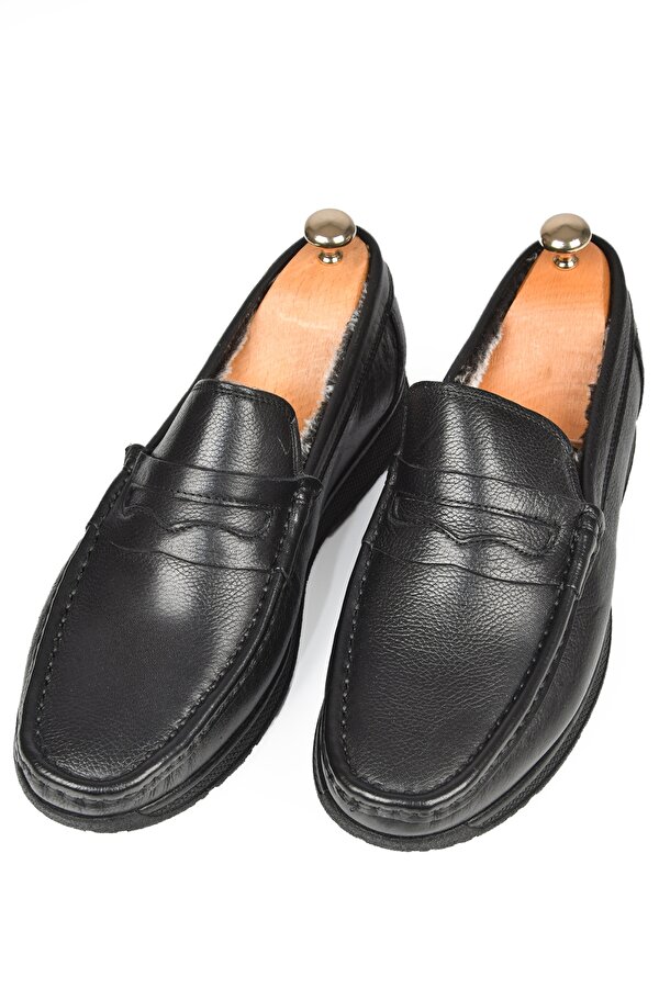 DeepSEA Erkek Siyah İçi Kürklü Ortopedik Taban Hakiki Deri Ayakkabı Loafer 2501008
