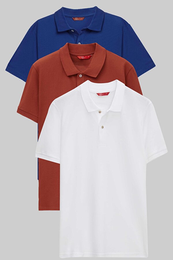 Ds Damat Regular Fit Saks/Kiremit/Beyaz Pike Dokulu %100 Pamuk Polo Yaka T-Shirt