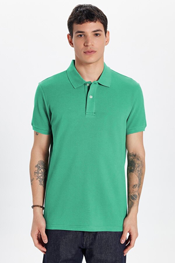 Erkek Slim Fit Dar Kesim %100 Pamuk Yeşil Polo Yaka Tişört