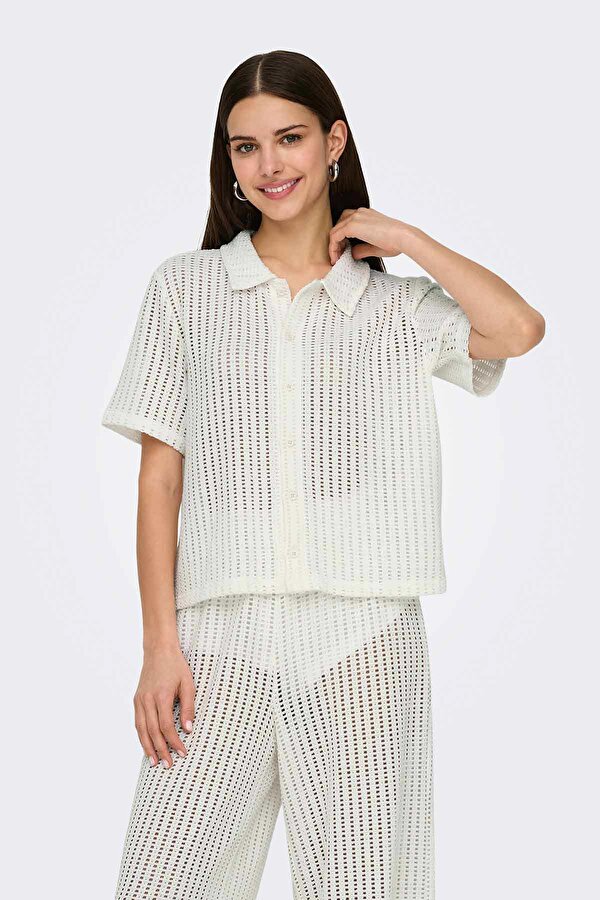 ONLFREYA S/S POLO CARDIGA KIRIK BEYAZ Kadın Kısa Kol T-Shirt