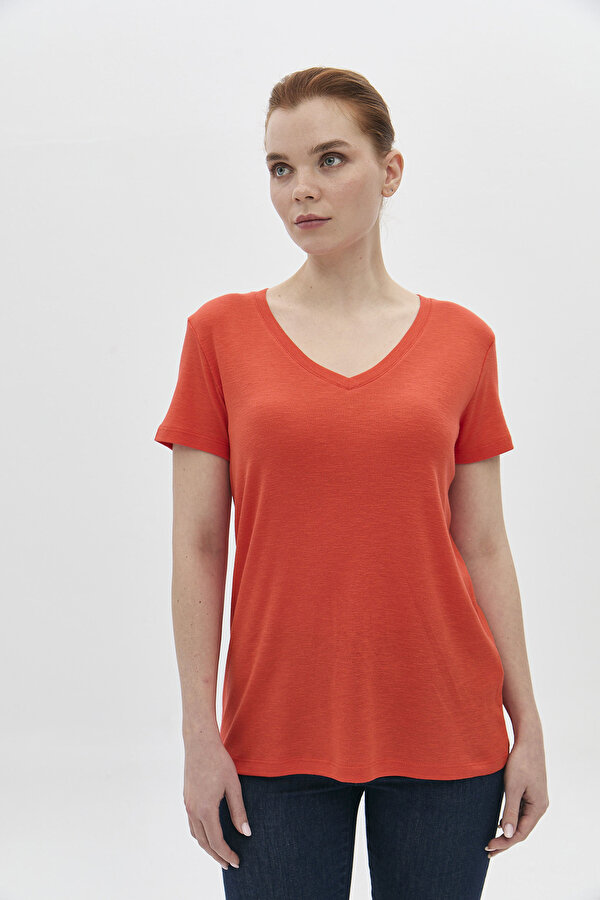 Kadın V Yaka Kısa Kollu Pamuklu Basic T-Shirt 5982 Nar Çiçeği