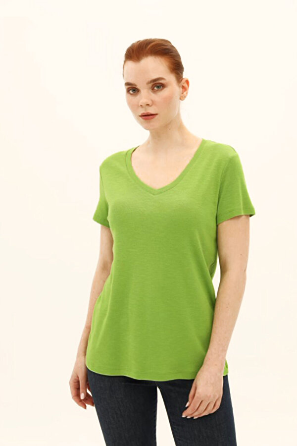 Kadın V Yaka Kısa Kollu Pamuklu Basic T-Shirt 5982 Yeşil
