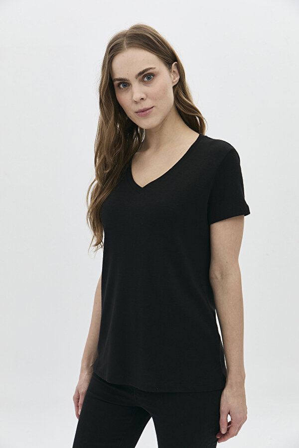 Kadın V Yaka Kısa Kollu Pamuklu Basic T-Shirt 5982 Siyah